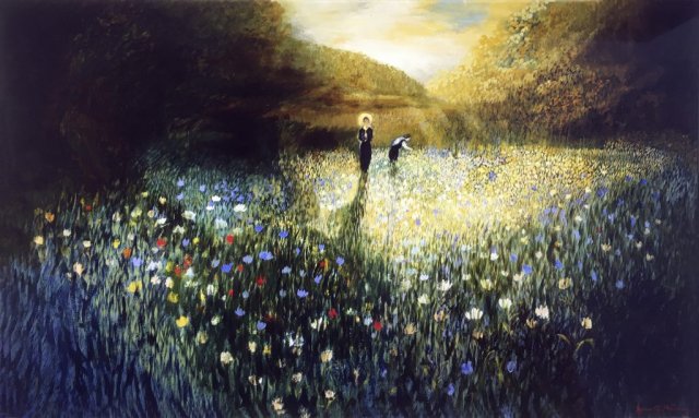 Women gathering tulips