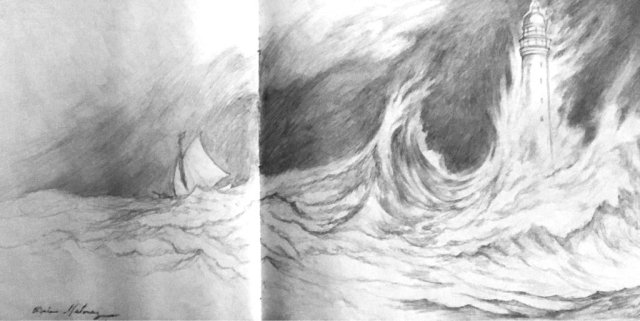 Lighthouse in a storm at sea